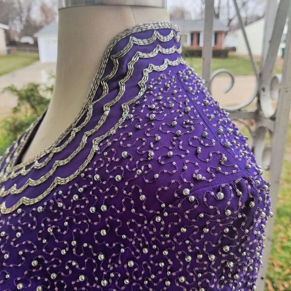 S/M 80s Royal Purple Beaded Glam Dress - Picture 3 of 8